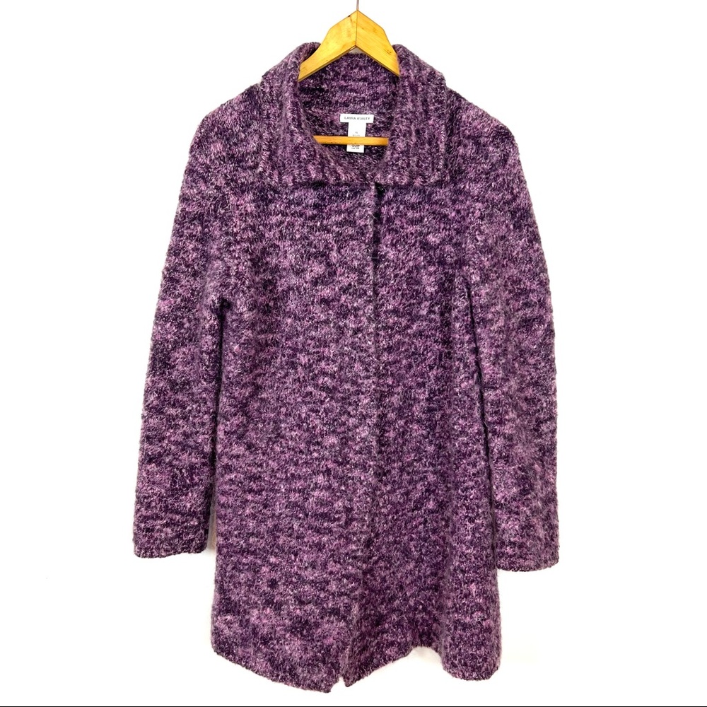 Laura Ashley Womens Sweater Size XL Purple Boucle Knit Long One Button Cardigan